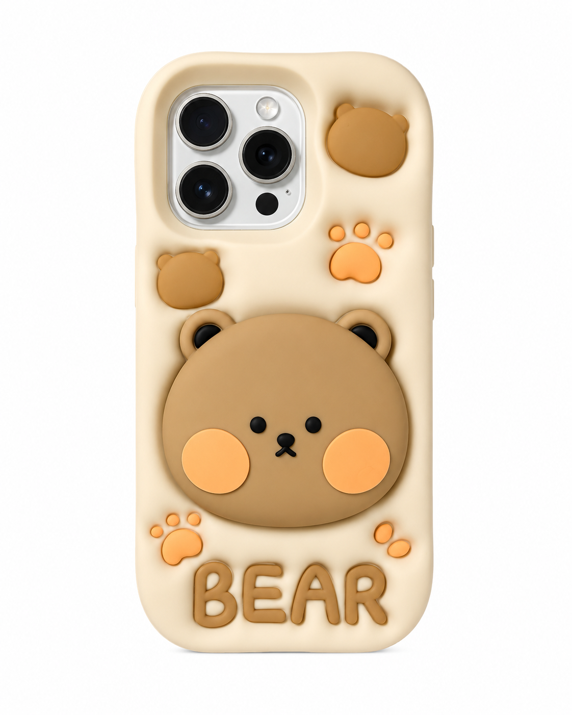 Beige Cozy Bear iPhone case with raised brown bear face, paw prints and BEAR lettering