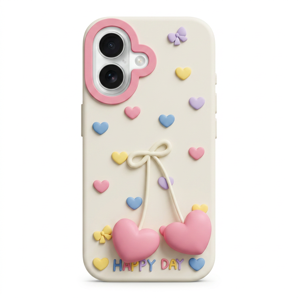 Cream Pastel Heart iPhone case with small pastel hearts, a bow, two large pink hearts and HAPPY DAY lettering