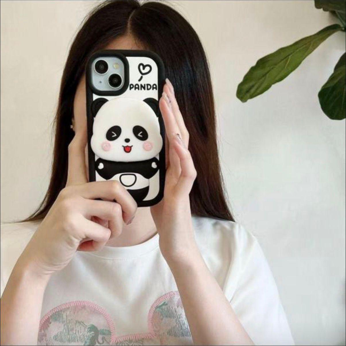 Black and white Playful Panda iPhone case with a raised smiling panda face, pink cheeks and PANDA lettering